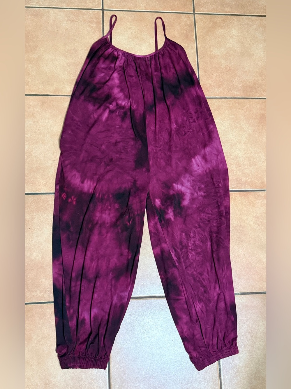 Boho Tie Dye Harem Jumpsuit Purple Romper Drop Crotch Festival Hippie Size Small